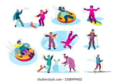 Set of people playing winter games. Group of children and parents spending time outdoors. Winter holidays concept. Vector illustration can be used for presentation, project, webpage