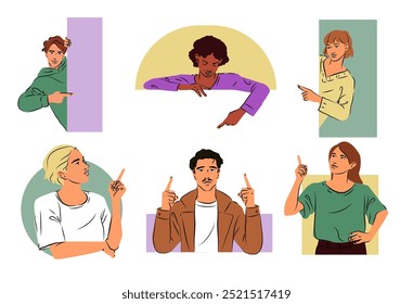 Set of people pointing with fingers. Curious characters peeking out from behind wall or hole and indicating something. Advertising or Marketing. Hand drawn vector illustration isolated on background