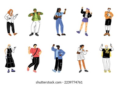 Set of people pointing at smth. Young men and women showing or presenting product with hand and finger gestures. Advertising and marketing. Cartoon flat vector collection isolated on white background