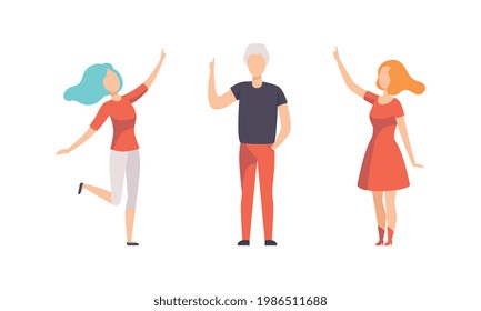 Set Of People Pointing With Their Finger Up, Young Man And Woman Gesturing With Their Index Fingers Flat Vector Illustration