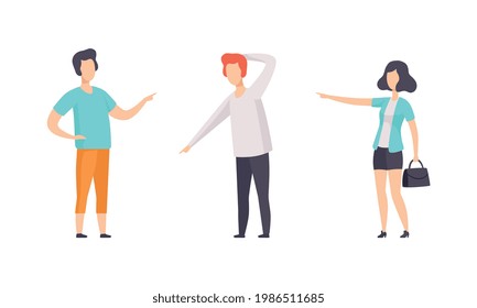 Set of People Pointing with their Forefingers, Young Man and Woman Gesturing with their Index Fingers Flat Vector Illustration