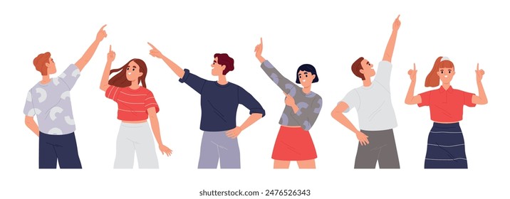 Set of people pointing upward with finger. Happy men and women looking up at something in sky. Dreamy characters in search of goals. Flat vector collection isolated on white background