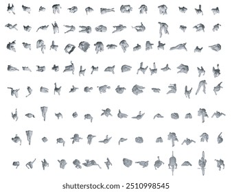 Set with people polygonal in different positions isolated on white background. Men, women and children walking, running, standing, sitting. Isometric view. Vector illustration. 3D