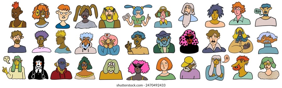 set people portrait in doodle style in vector. template for avatar design sticker coloring postcard poster print