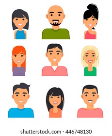 Set of people portrait face icons. Web avatars in flat style. Vector women, girl, men avatars face. People portrait face vector EPS