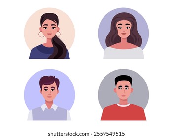 Set of people portraits. Character avatars in rounds. Vector set in a flat style