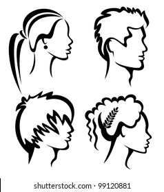 set of people portraits with haircuts, hand drawn silhouettes