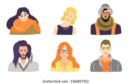 Set of people portraits. Human icon. Cute stylish friendly characters. Man, guy, woman, lady, young girl icon. Hipster, sportsman, teacher avatar. Vector cartoon illustrations in flat style, isolated.