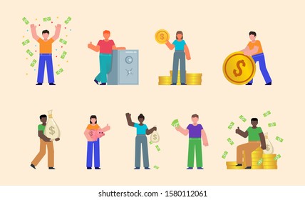 Set of people pose with money, cash, coins. Wealth, become rich or win lottery concept. Flat design vector illustration