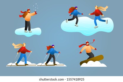 Set of people poses for use in layouts, presentations and design. Winter sports - skiing, snowboarding, ice skating. Use for event invitation, discount voucher, advertising. Vector illustration, EPS10