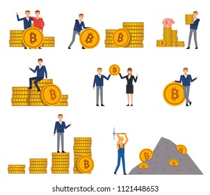 Set of people posing with bitcoins in various situations. Businessman holding bitcoin, sitting on coins stack, mining and showing other actions. Flat design vector illustration