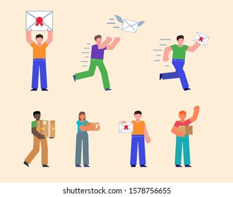 Set of people posing with letter or parcel box. Delivery or postal service, courier. Flat design vector illustration