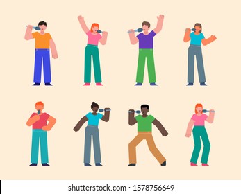 Set of people posing with microphone, karaoke singing. Man and woman on the stage singing, celebrating. Flat design vector illustration