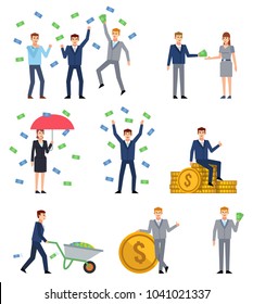 Set of people posing with money. Wealth, rich man and woman, win lottery, financial success. Flat style vector illustration