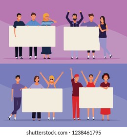 set of people with posters