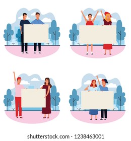 set of people with posters