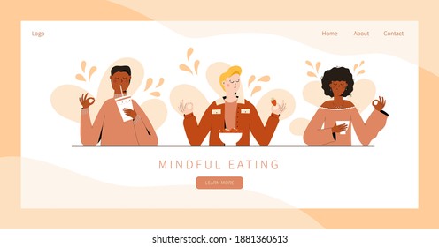 Set of people practicing mindful eating exercise. Concept illustration for meditation, relax, recreation, healthy lifestyle, mindfulness practice. Landing page, banner design