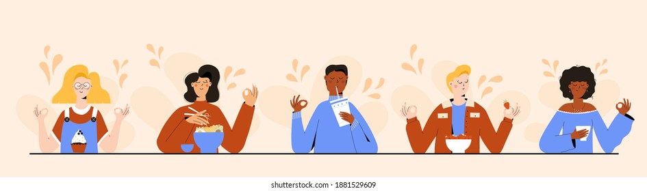 Set of people practicing mindful eating exercise. Concept illustration for meditation, relax, recreation, healthy lifestyle, mindfulness practice, spiritual discipline. Flat trendy vector illustration