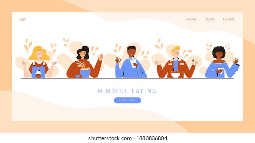 Set of people practicing mindful eating exercise. Concept illustration for meditation, relax, recreation, healthy lifestyle, mindfulness practice. Landing page, banner design