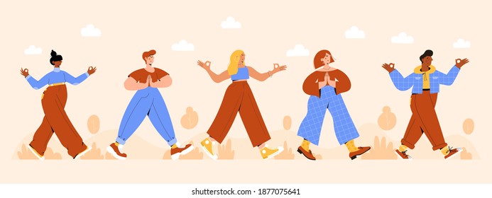 Conjunto de personas practicando ejercicio de caminar atento en la naturaleza y las hojas. Ilustración conceptual para la meditación, la relajación, la recreación, el estilo de vida saludable, la práctica de la atención, la disciplina espiritual. 