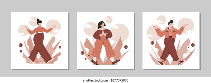 Set of people practicing mindful walking exercise in nature and leaves. Concept illustration for meditation, relax, recreation, healthy lifestyle, mindfulness practice, spiritual discipline. 