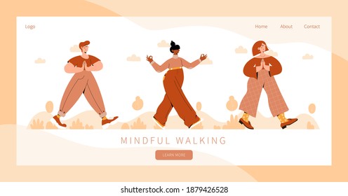 Set of people practicing mindful walking exercise in nature. Concept illustration for meditation, relax, recreation, healthy lifestyle, mindfulness practice, spiritual discipline. Landing page