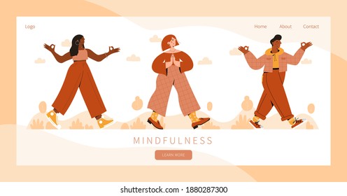 Set of people practicing mindful walking exercise in nature. Concept illustration for meditation, relax, recreation, healthy lifestyle, mindfulness practice, spiritual discipline. Landing page design