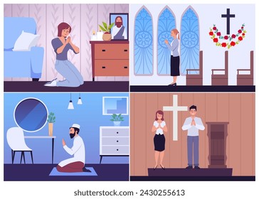 Set of people praying at home and in church cards. Various religion men and women put hands together in prayer. Flat vector illustration with interior at background. Design for poster and banner.