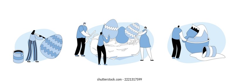 Set People Prepare for Easter Holiday Celebration. Tiny Happy Male and Female Characters Decorate Eggs with Paintbrush. Religious Spring Event Traditions and Rituals. Cartoon Vector Illustration