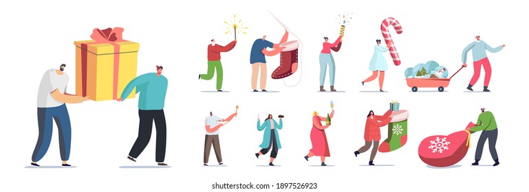 Set of People Prepare for New Year and Christmas Holidays Celebration. Male and Female Characters Buying Gifts and Souvenirs, Drinking Wine Isolated on White Background. Cartoon Vector Illustration