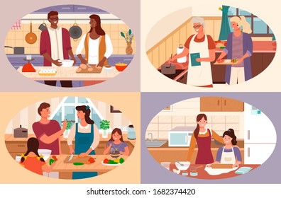 Set von Menschen, die Gerichte zubereiten, Sammlung von Charakteren, die in der Küche kochen. Paarbacken, Familie mit Kindern, die Essen für besondere Anlässe zubereiten. Großmutter und Enkelin helfen älteren Dameninnen Vektorillustration