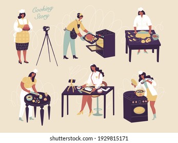 Set with people Preparing food. Food blogging. Woman cooks. Vector illustration. Poster, print, sticker, card design. Sushi, Asian food, rice, fish, stove, soup, confectionery, dough, camera, show.