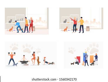 Set of people preparing pets for competition. Flat vector illustrations of owners caring for pets. Animal care concept for banner, website design or landing web page