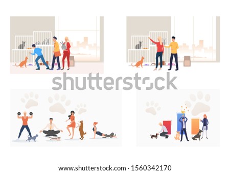 Set of people preparing pets for competition. Flat vector illustrations of owners caring for pets. Animal care concept for banner, website design or landing web page