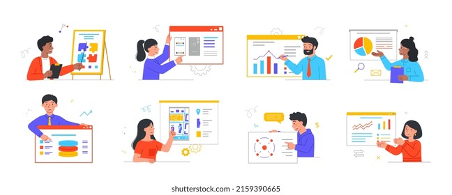 Set of people presenting information. Entrepreneurs show financial reports, business strategies, user interface designs and other projects. Cartoon flat vector collection isolated on white background