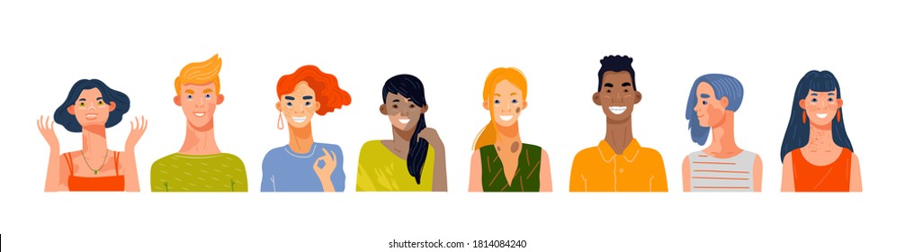 Set of people with problems in their appearance (vitiligo, braces, moles, birthmark, naevus, beauty spots). Body positive creative concept.Vector illustration in cartoon style for designers templates.