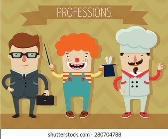 set of people professions. businessman, clown and chef. flat character design. vector illustration