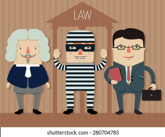 set of people professions. judge, offender and lawyer. flat character design. vector illustration