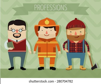 set of people professions. professor, firefighter and lumberjack. flat character design. vector illustration