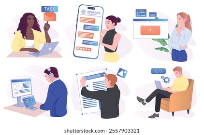 Set of people programmers. Male and female engineers or web designers develop software or user interface for digital product or website. Cartoon vector illustration collection isolated on background