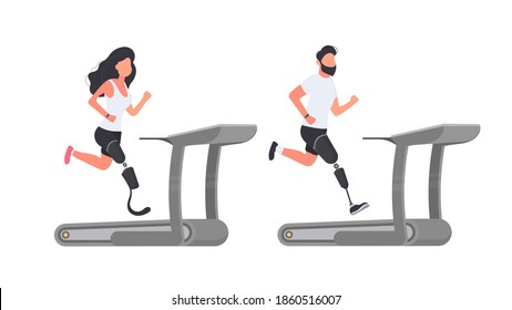 Set of people with prosthetic legs. A guy and a girl with prostheses are running on a treadmill. Isolated. Vector.