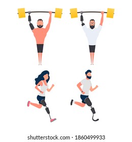 Set of people with prosthetic limbs. Prostheses of arms and legs. Human Opportunity Recovery Concept. Robotic body parts. Vector.