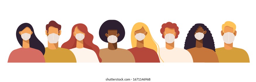 Set of people in protective face dust masks. Bundle of men and women wearing protection from urban air pollution, smog, vapor, pollutant gas emission and virus. Flat vector illustration