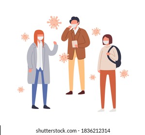 Set of people in protective mask vector flat illustration. Collection of male and female suffering from seasonal respiratory infection or environmental pollution surrounded by air bacterium isolated