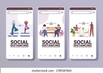 set people in protective masks keeping distance to prevent coronavirus social distancing concept smartphone screens collection full length horizontal copy space vector illustration