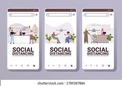set people in protective masks keeping distance to prevent coronavirus social distancing concept smartphone screens collection full length horizontal copy space vector illustration