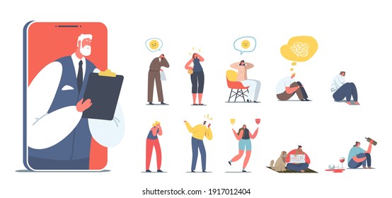 Set of People with Psychological Problems. Male Female Characters with Mental Disease need Psychologist Help, Alcoholic, Bipolar, Depression Isolated on White Background. Cartoon Vector Illustration