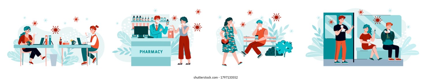 Set of people in public places having risk to be exposed to a virus, flat cartoon vector illustration isolated on white background. Infection and viral disease.