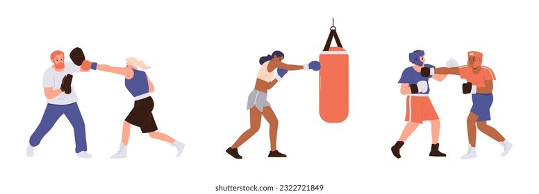 Set of people punching box, fighting sparring partner and hitting boxing bows in trainer hands