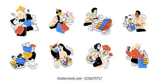 Set of people with purchases. Men and women shopping in supermarket or shopping center carry paper bags and push cart. Characters buy gifts. Cartoon flat vector collection isolated on white background